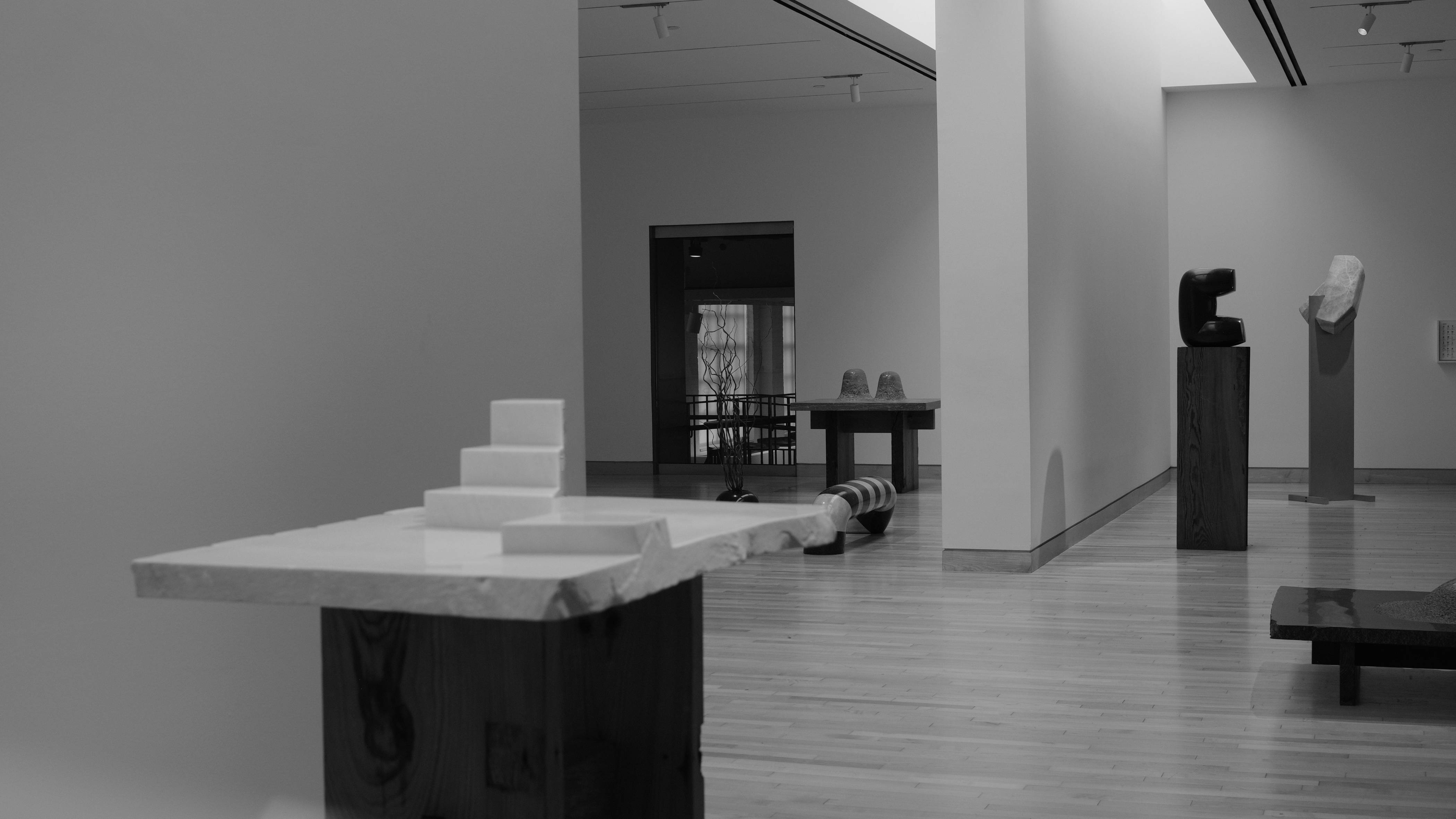 A black and white photo of a museum